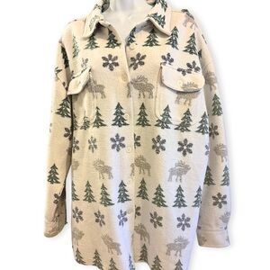 Cherokee Shacket Moose Snowflake Evergreen Tree Print Button Front Womens SZ L